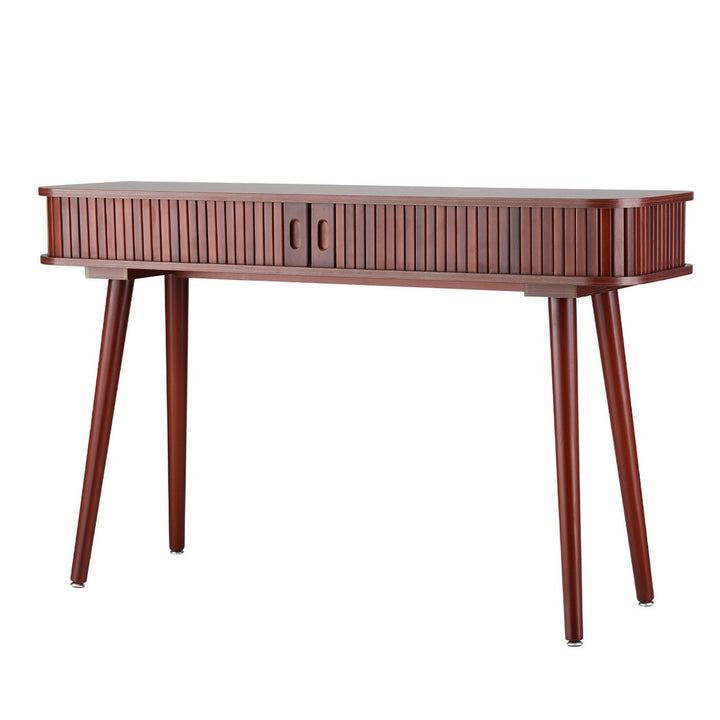 Flute Walnut Console Table – Sliding Fluted Doors, 2 Storage Cabinets &amp; Pinewood Legs | Paper Veneer | 120cm - Greenora Living
