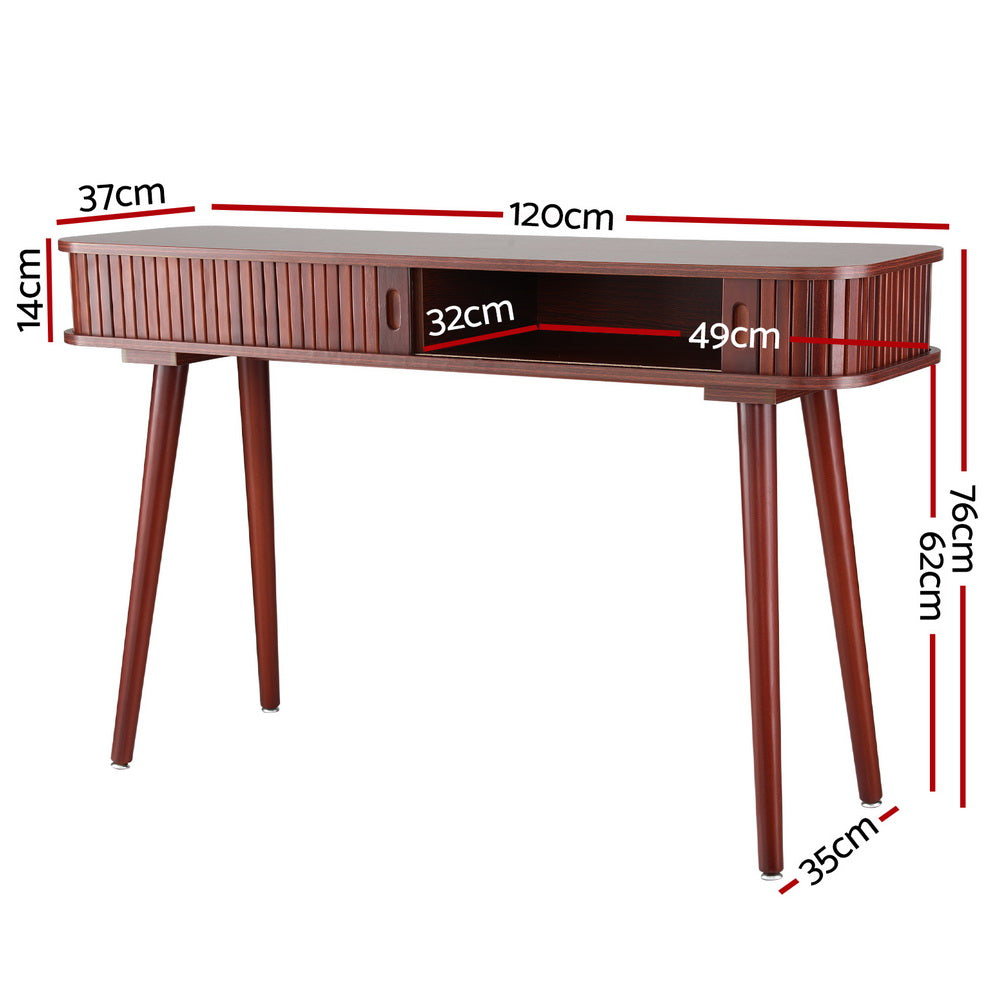 Flute Walnut Console Table – Sliding Fluted Doors, 2 Storage Cabinets &amp; Pinewood Legs | Paper Veneer | 120cm - Greenora Living