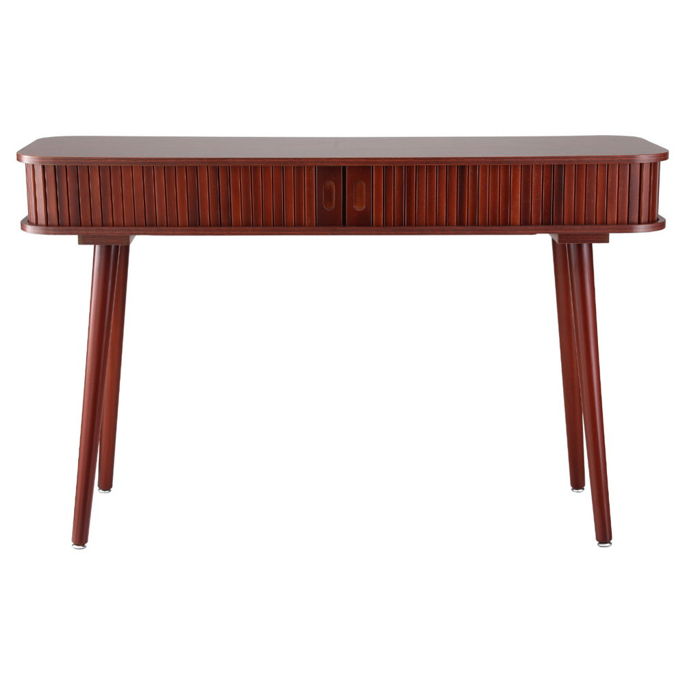 Flute Walnut Console Table – Sliding Fluted Doors, 2 Storage Cabinets &amp; Pinewood Legs | Paper Veneer | 120cm - Greenora Living
