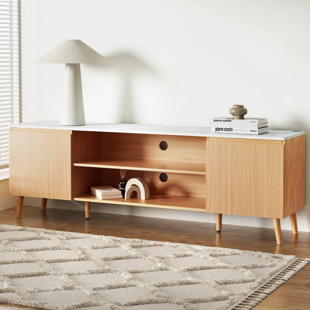 Luxe Marble TV Entertainment Unit – Marble-Effect Top & Pine Wood Legs | 180cm | White & Pine - Greenora Living
