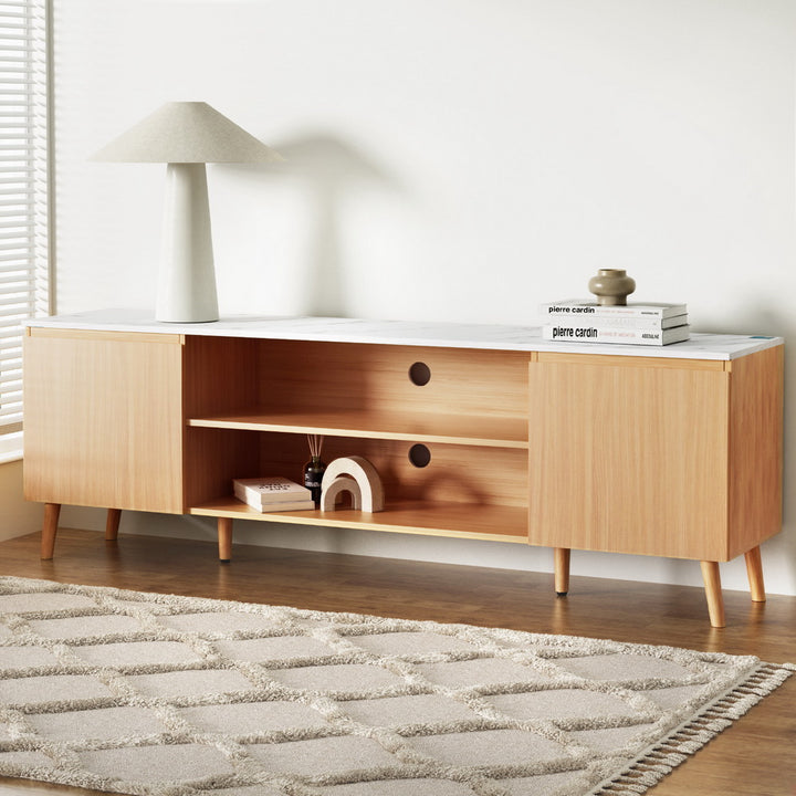 Luxe Marble TV Entertainment Unit – Marble-Effect Top &amp; Pine Wood Legs | 180cm | White &amp; Pine - Greenora Living