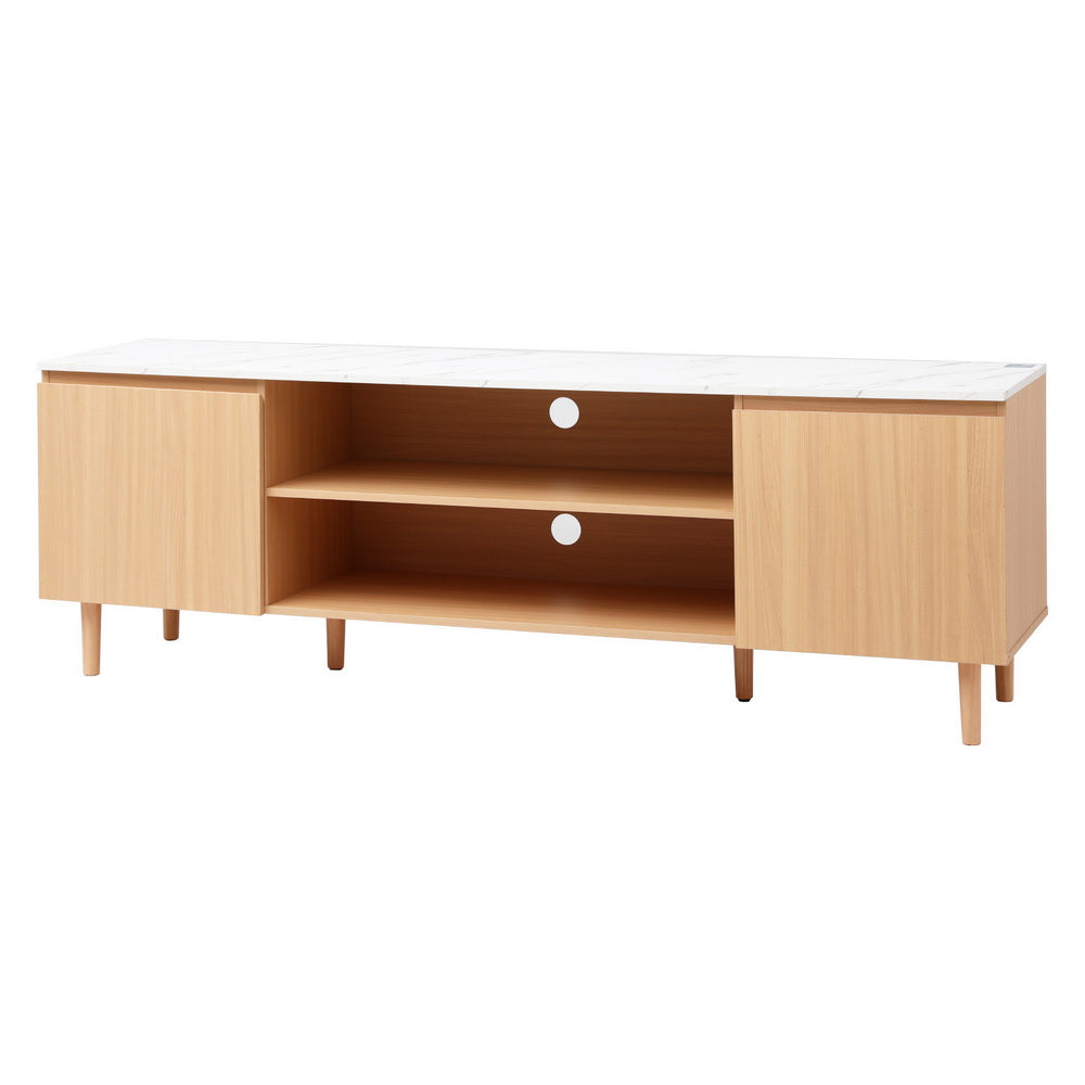 Luxe Marble TV Entertainment Unit – Marble-Effect Top & Pine Wood Legs | 180cm | White & Pine - Greenora Living