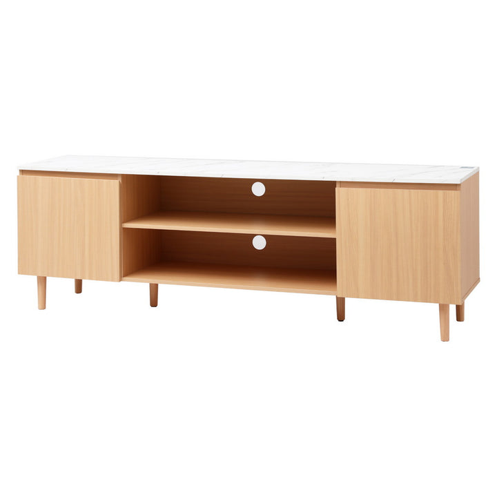 Luxe Marble TV Entertainment Unit – Marble-Effect Top &amp; Pine Wood Legs | 180cm | White &amp; Pine - Greenora Living