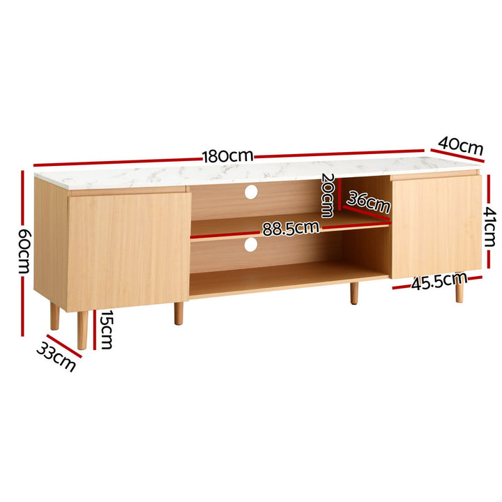 Luxe Marble TV Entertainment Unit – Marble-Effect Top &amp; Pine Wood Legs | 180cm | White &amp; Pine - Greenora Living