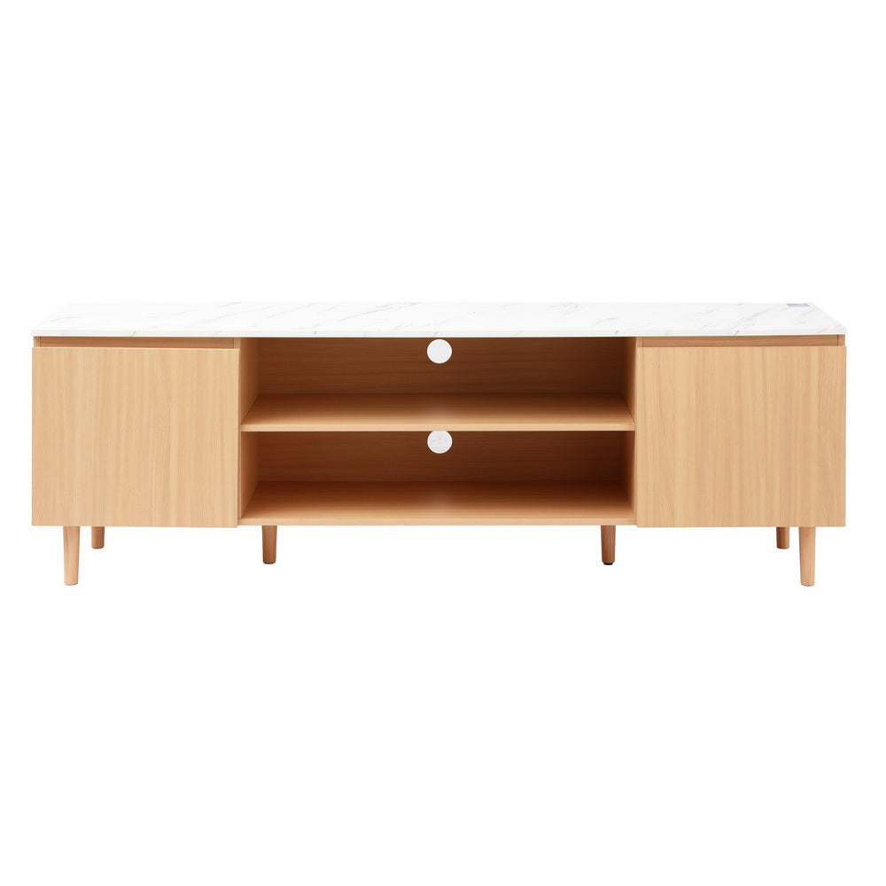 Luxe Marble TV Entertainment Unit – Marble-Effect Top &amp; Pine Wood Legs | 180cm | White &amp; Pine - Greenora Living