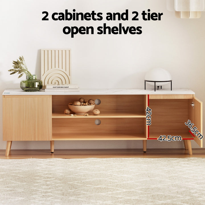 Luxe Marble TV Entertainment Unit – Marble-Effect Top &amp; Pine Wood Legs | 180cm | White &amp; Pine - Greenora Living