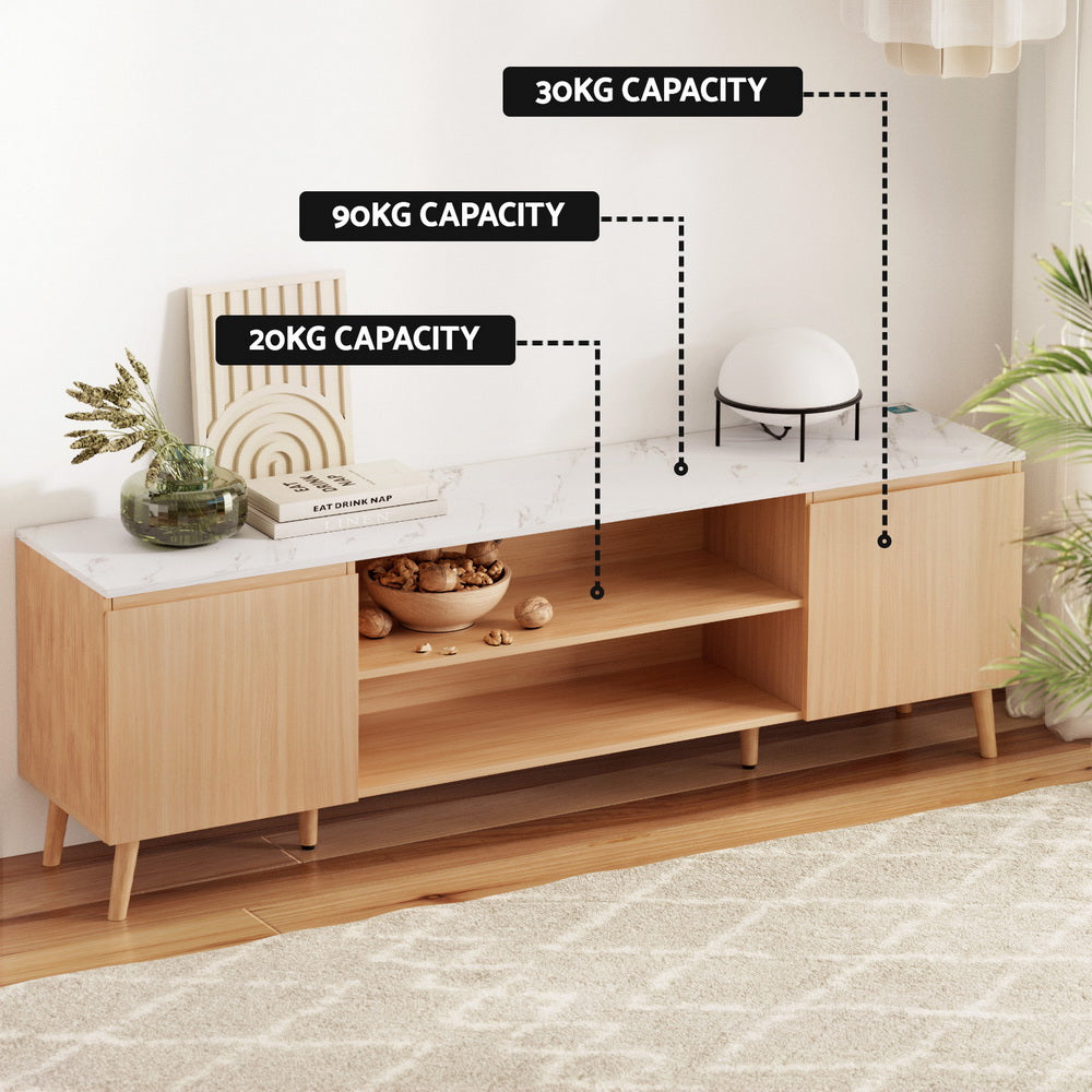 Luxe Marble TV Entertainment Unit – Marble-Effect Top &amp; Pine Wood Legs | 180cm | White &amp; Pine - Greenora Living