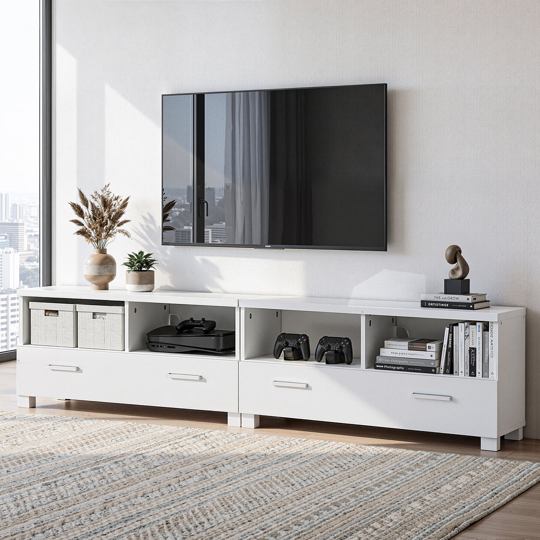 Eddie White TV Entertainment Unit – 3-in-1 Modular Design, 2 Sliding Drawers & 4 Open Shelves | 180cm - Greenora Living