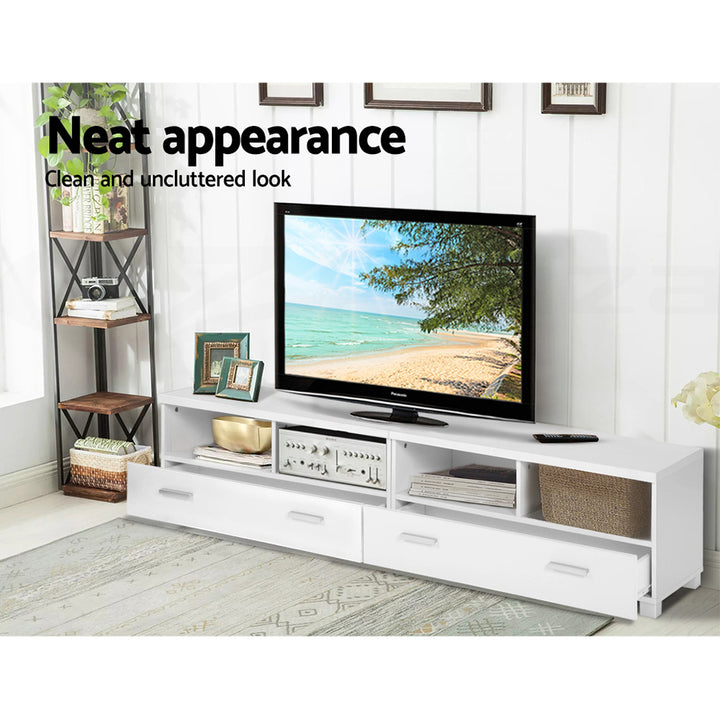 Eddie White TV Entertainment Unit – 3-in-1 Modular Design, 2 Sliding Drawers &amp; 4 Open Shelves | 180cm - Greenora Living