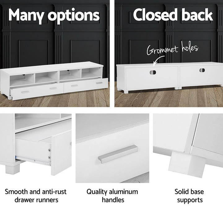 Eddie White TV Entertainment Unit – 3-in-1 Modular Design, 2 Sliding Drawers &amp; 4 Open Shelves | 180cm - Greenora Living