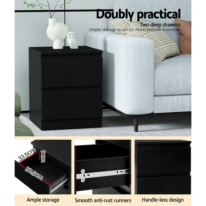 Handleless Bedside Table with 2 Deep Drawers – Black 15mm Particle Board - Greenora Living