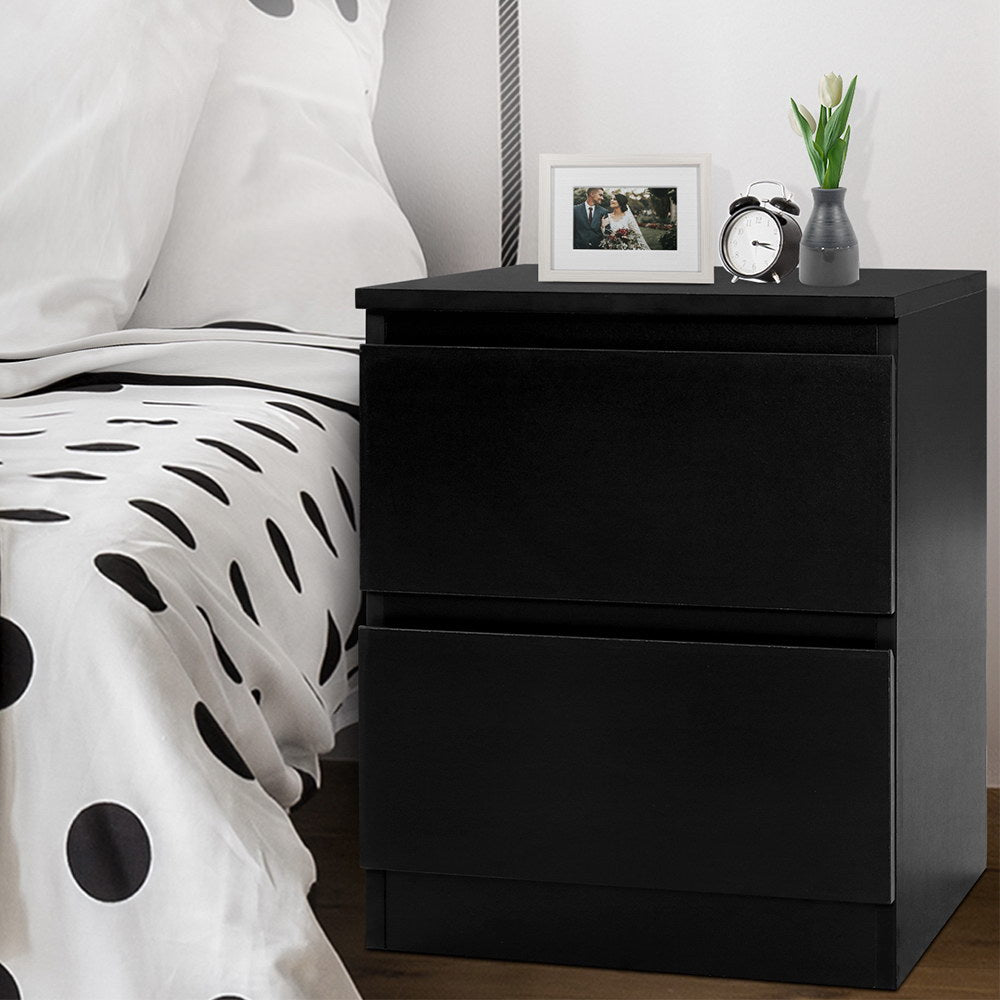 Handleless Bedside Table with 2 Deep Drawers – Black 15mm Particle Board - Greenora Living