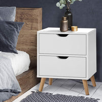 Scandinavian White Bedside Table | Splayed Legs, Air Gap Handles & 2 Drawers | Greenora Living Australia