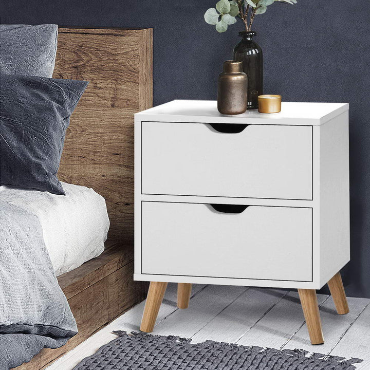 Scandinavian Bedside Table with 2 Drawers White 15mm Board - Greenora Living