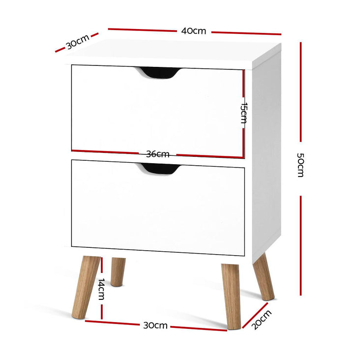 Scandinavian Bedside Table with 2 Drawers White 15mm Board - Greenora Living