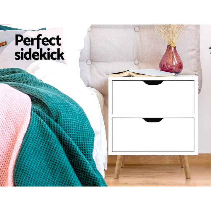 Scandinavian Bedside Table with 2 Drawers White 15mm Board - Greenora Living