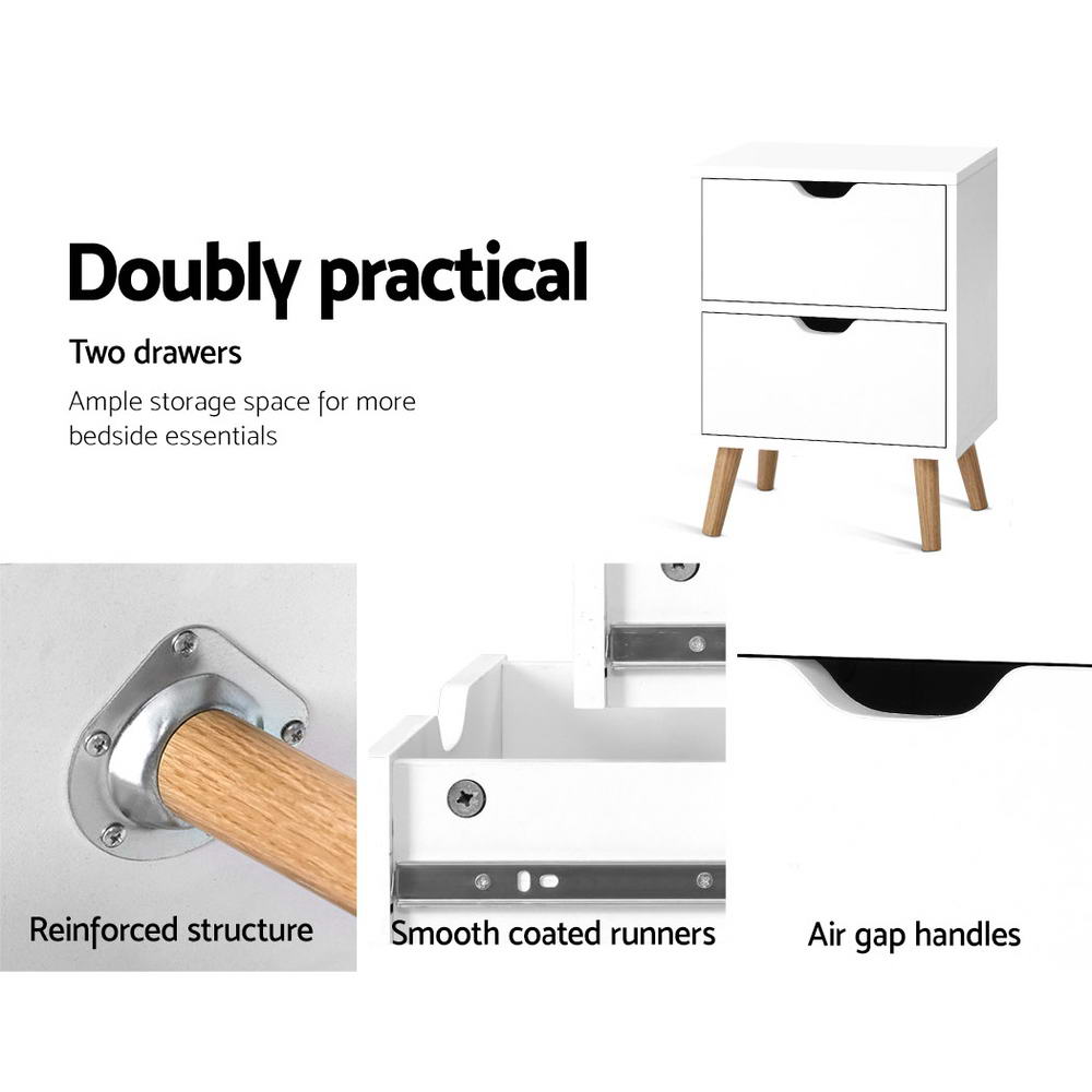 Scandinavian Bedside Table with 2 Drawers White 15mm Board - Greenora Living
