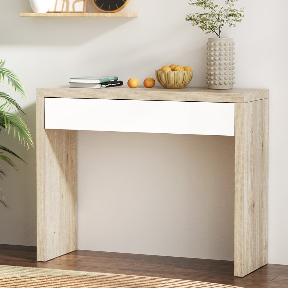 Sora White & Pine Console Table with Drawer