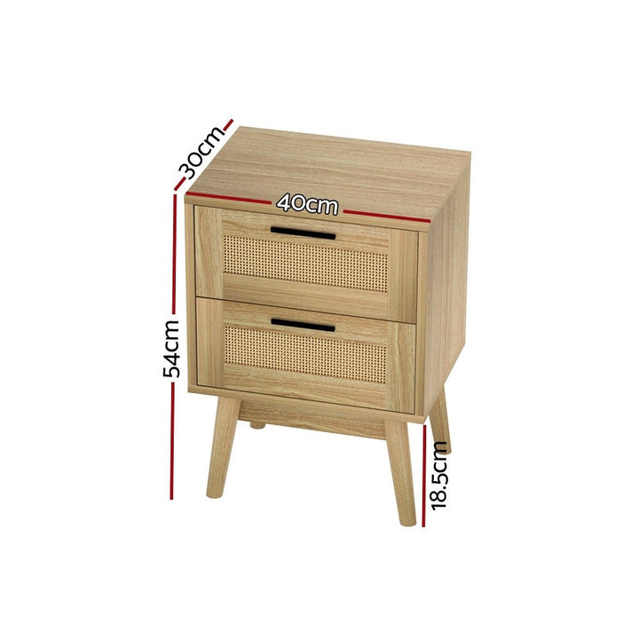 Real Rattan Bedside Table with 2 Drawers &amp; Open Shelf – Oak, 40cm – product view 3