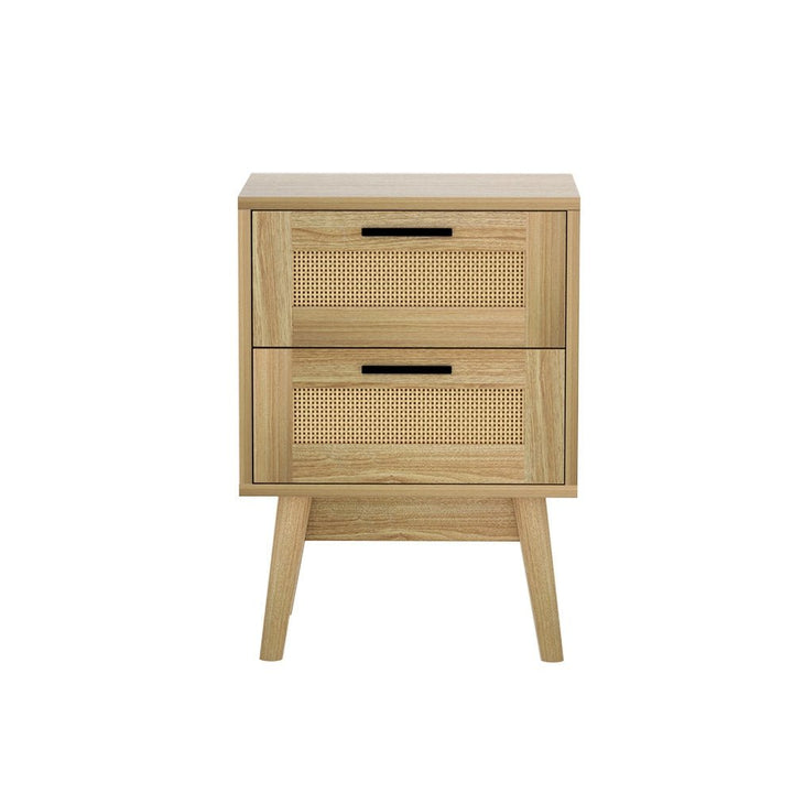 Real Rattan Bedside Table with 2 Drawers &amp; Open Shelf – Oak, 40cm – product view 4