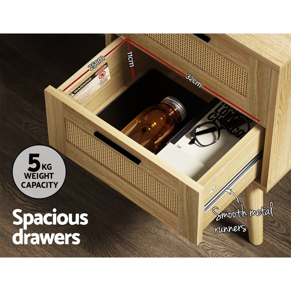 Real Rattan Bedside Table with 2 Drawers &amp; Open Shelf – Oak, 40cm – product view 5