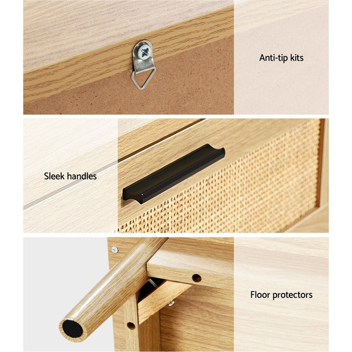 Real Rattan Bedside Table with 2 Drawers &amp; Open Shelf – Oak, 40cm – product view 6