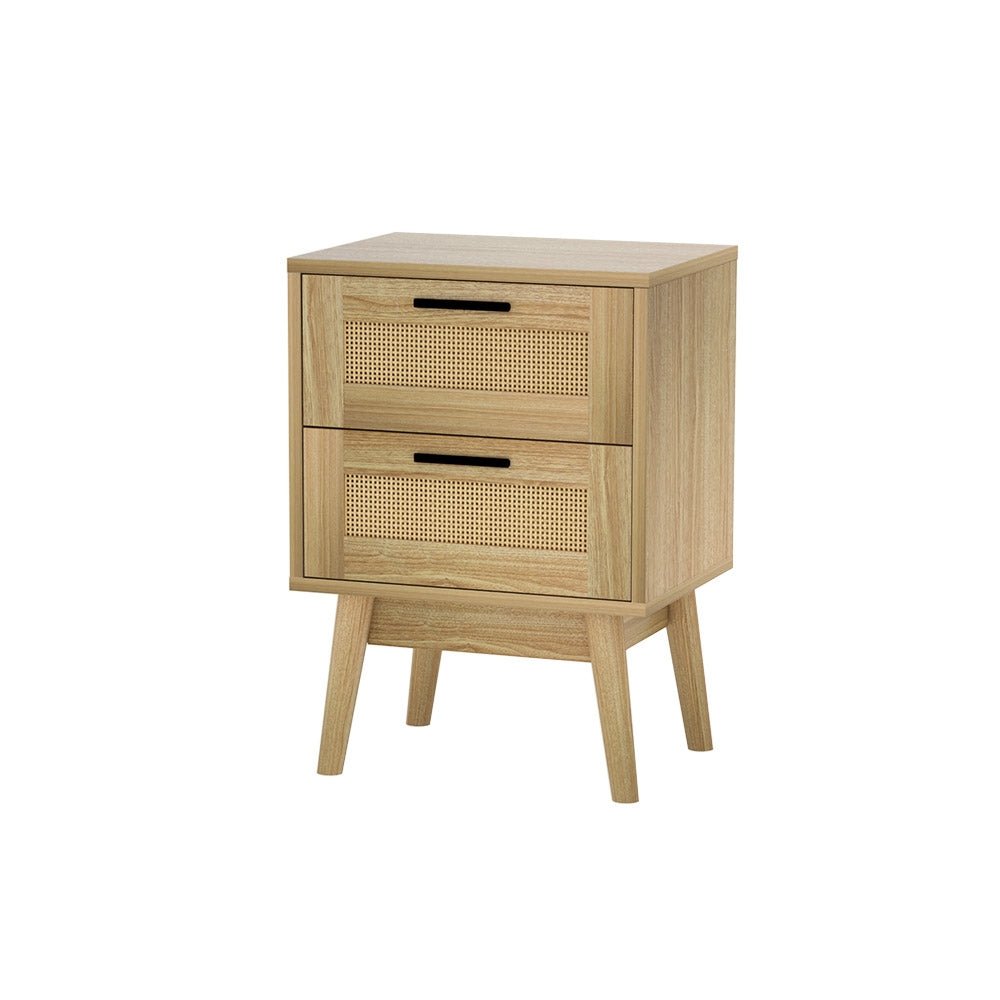 Real Rattan Bedside Table with 2 Drawers &amp; Open Shelf – Oak, 40cm – product view 7