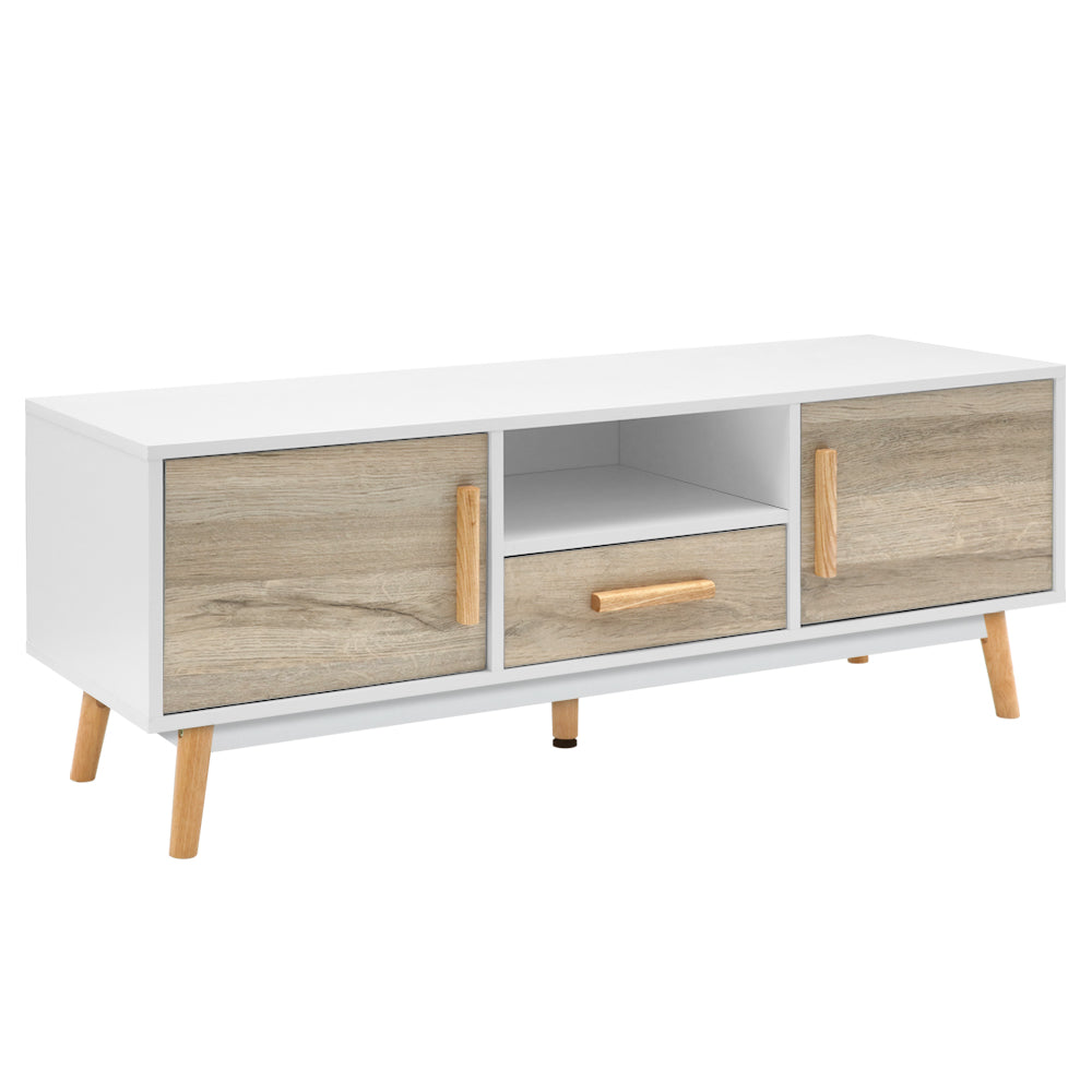 Gino Scandi TV Cabinet – 2 Doors, 1 Drawer, Splayed Rubber Wood Legs &amp; Anti-Scratch Veneer | 120cm | White &amp; Wood - Greenora Living