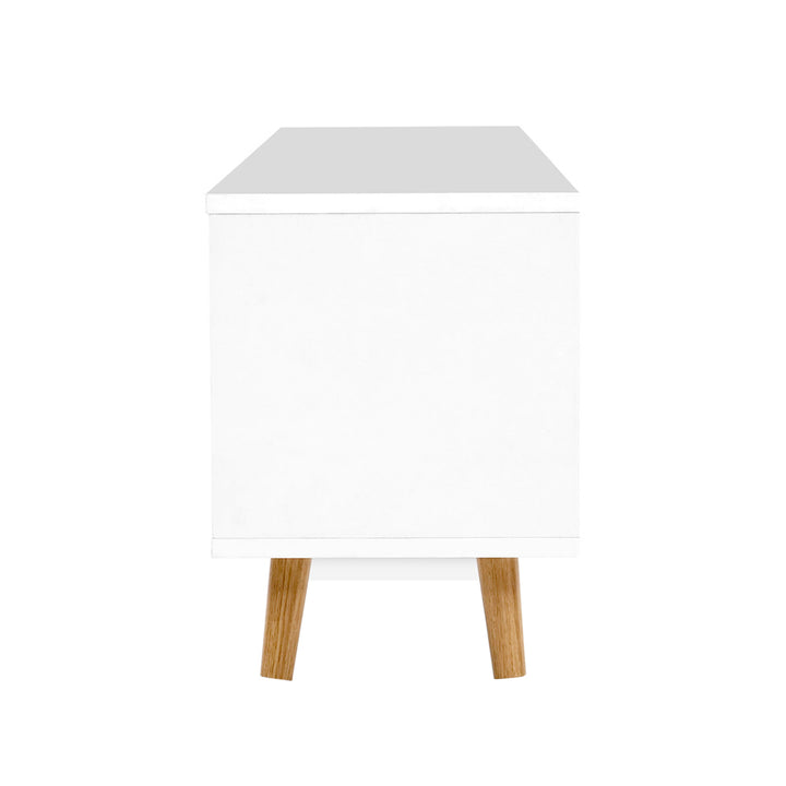 Gino Scandi TV Cabinet – 2 Doors, 1 Drawer, Splayed Rubber Wood Legs &amp; Anti-Scratch Veneer | 120cm | White &amp; Wood - Greenora Living