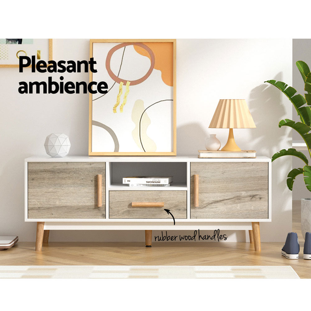 Gino Scandi TV Cabinet – 2 Doors, 1 Drawer, Splayed Rubber Wood Legs &amp; Anti-Scratch Veneer | 120cm | White &amp; Wood - Greenora Living