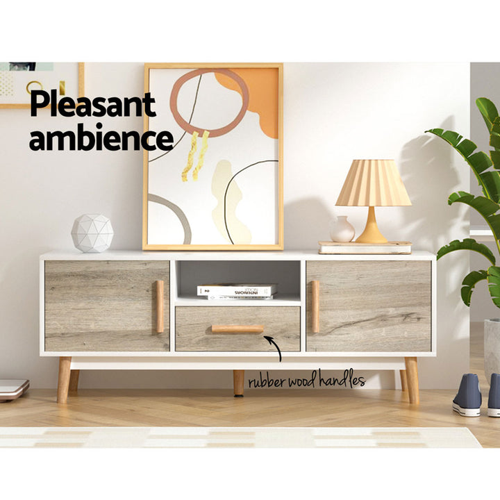 Gino Scandi TV Cabinet – 2 Doors, 1 Drawer, Splayed Rubber Wood Legs &amp; Anti-Scratch Veneer | 120cm | White &amp; Wood - Greenora Living