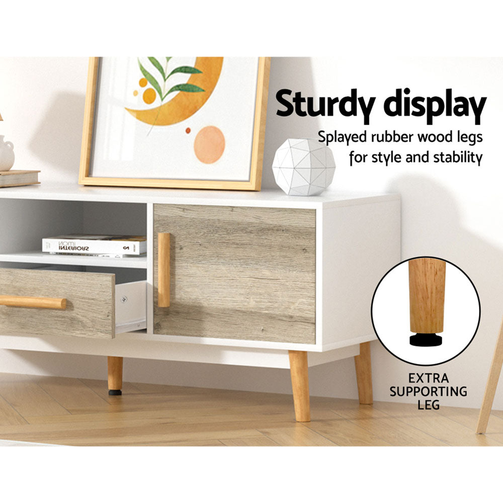 Gino Scandi TV Cabinet – 2 Doors, 1 Drawer, Splayed Rubber Wood Legs &amp; Anti-Scratch Veneer | 120cm | White &amp; Wood - Greenora Living