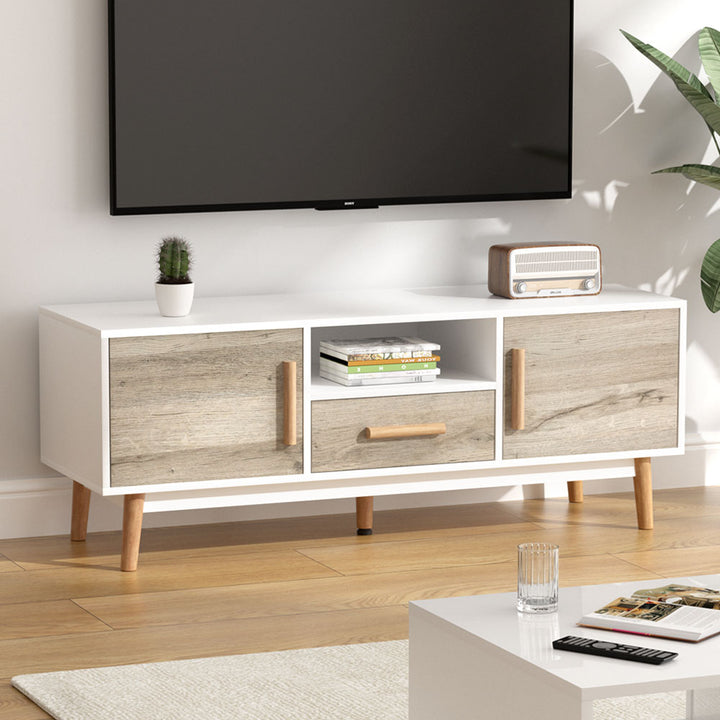 Gino Scandi TV Cabinet – 2 Doors, 1 Drawer, Splayed Rubber Wood Legs &amp; Anti-Scratch Veneer | 120cm | White &amp; Wood - Greenora Living