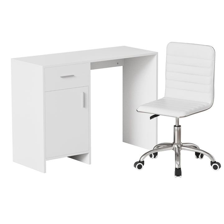 Home Office Desk &amp; Chair Set – 100cm Desk with Drawer &amp; Cabinet | PU Leather Chair | White - Greenora Living