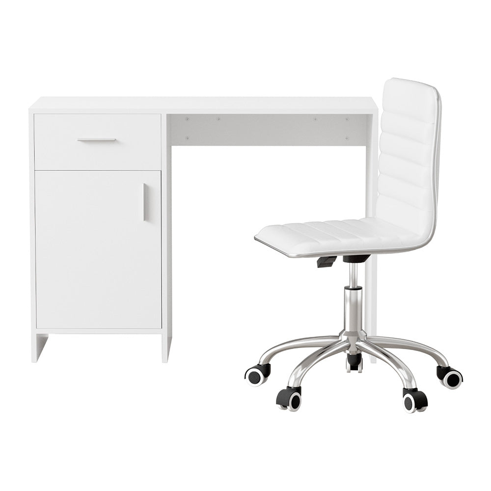 Home Office Desk &amp; Chair Set – 100cm Desk with Drawer &amp; Cabinet | PU Leather Chair | White - Greenora Living