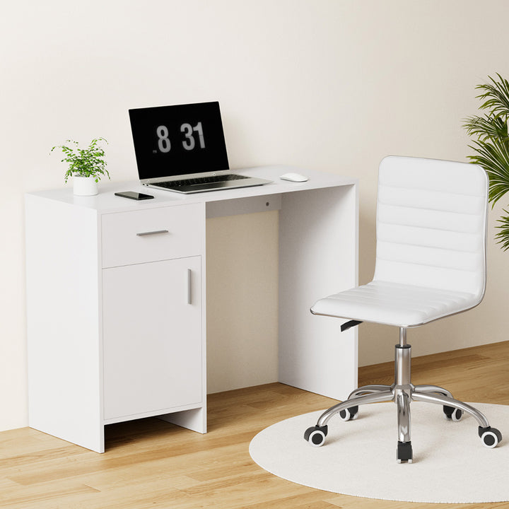 Home Office Desk &amp; Chair Set – 100cm Desk with Drawer &amp; Cabinet | PU Leather Chair | White - Greenora Living