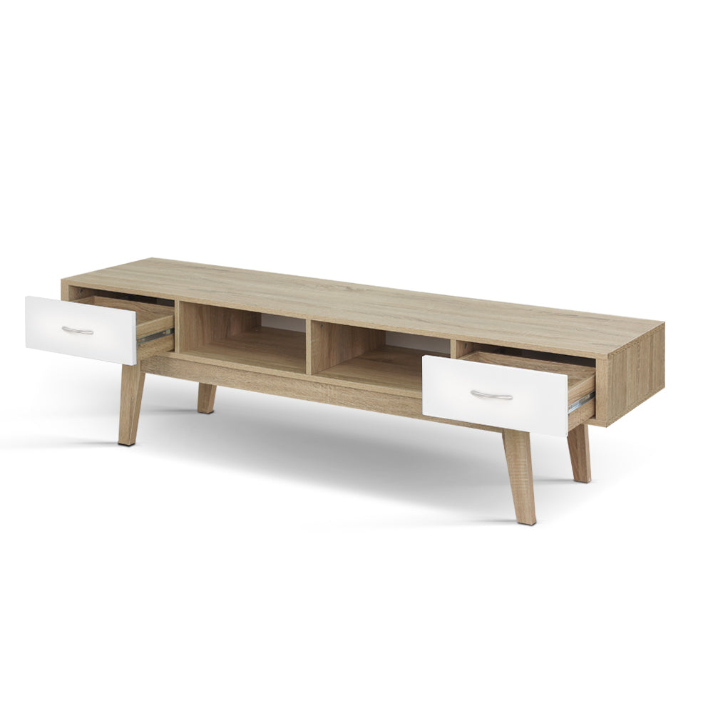 Gary Scandi TV Entertainment Unit – Splayed Legs, 2 Drawers &amp; Oak Finish | 180cm | Oak &amp; White - Greenora Living