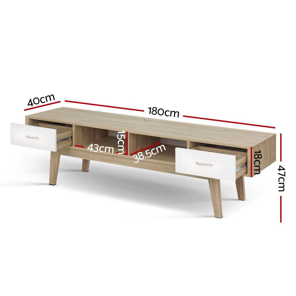 Gary Scandi TV Entertainment Unit – Splayed Legs, 2 Drawers &amp; Oak Finish | 180cm | Oak &amp; White - Greenora Living