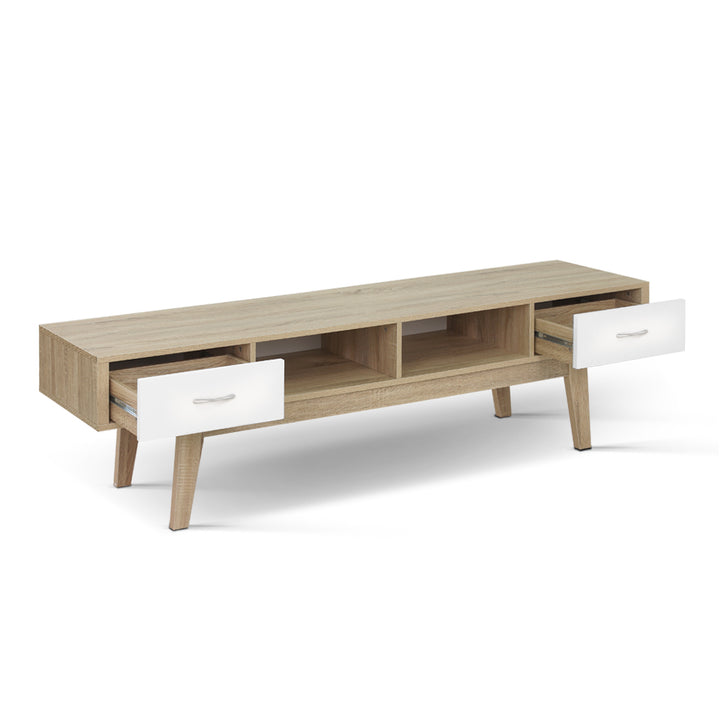 Gary Scandi TV Entertainment Unit – Splayed Legs, 2 Drawers &amp; Oak Finish | 180cm | Oak &amp; White - Greenora Living