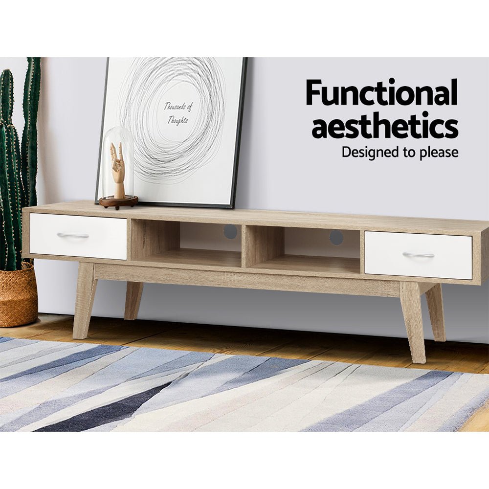 Gary Scandi TV Unit | 180cm Oak & White, Splayed Legs & 2 Drawers | Greenora Living Australia
