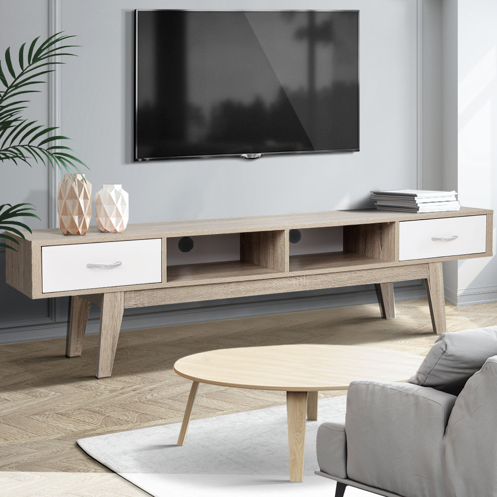 Gary Scandi TV Entertainment Unit – Splayed Legs, 2 Drawers & Oak Finish | 180cm | Oak & White - Greenora Living