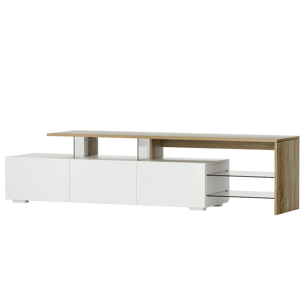 James TV Entertainment Unit – 3 Drawers, Tempered Glass Shelves &amp; UV Gloss Finish | 180cm | White &amp; Wood - Greenora Living