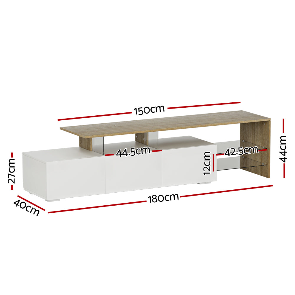 James TV Entertainment Unit – 3 Drawers, Tempered Glass Shelves &amp; UV Gloss Finish | 180cm | White &amp; Wood - Greenora Living