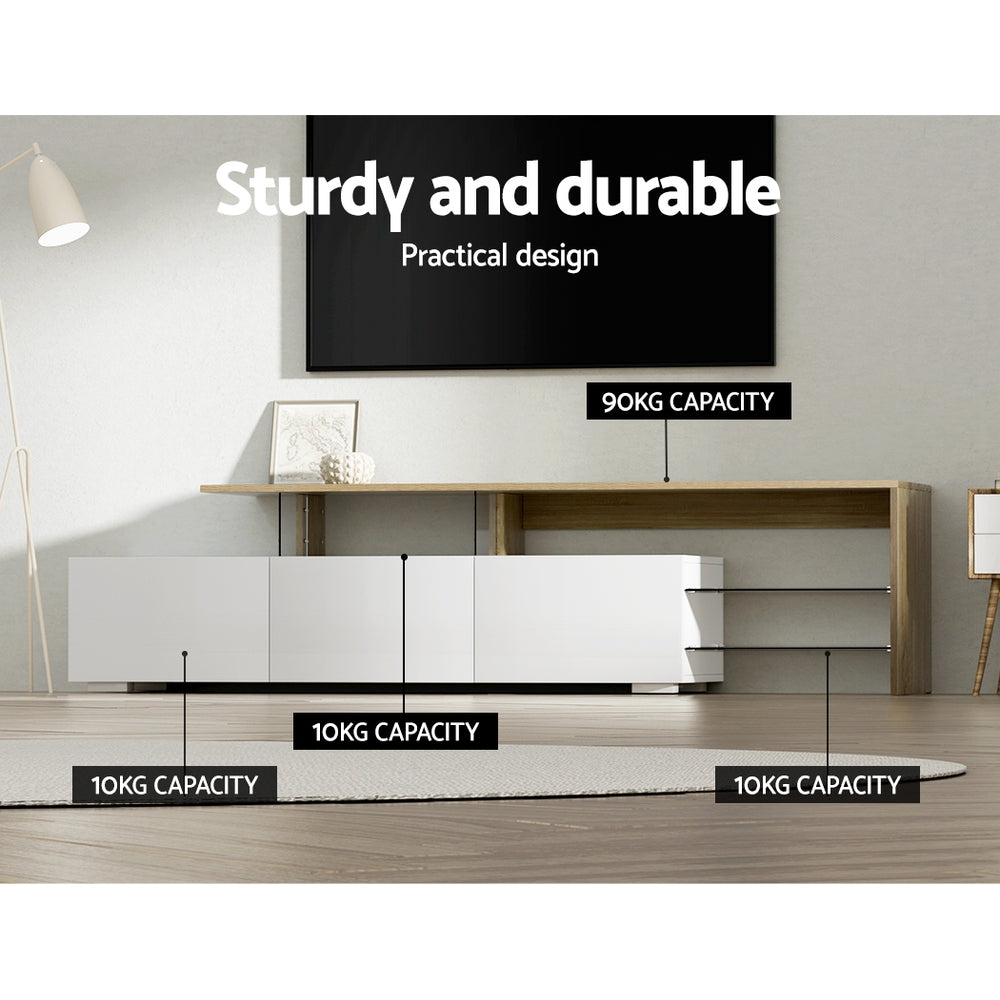James TV Entertainment Unit – 3 Drawers, Tempered Glass Shelves &amp; UV Gloss Finish | 180cm | White &amp; Wood - Greenora Living