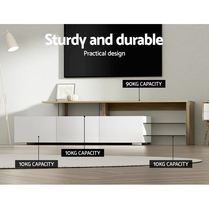 James TV Entertainment Unit – 3 Drawers, Tempered Glass Shelves &amp; UV Gloss Finish | 180cm | White &amp; Wood - Greenora Living