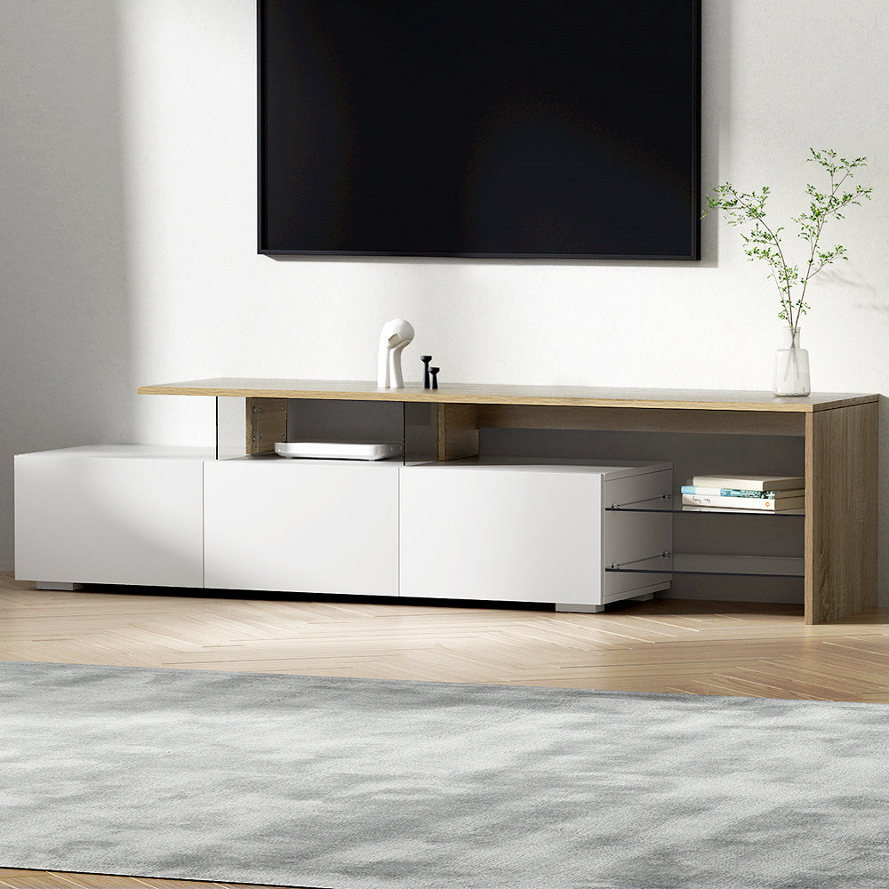 James TV Entertainment Unit – 3 Drawers, Tempered Glass Shelves & UV Gloss Finish | 180cm | White & Wood - Greenora Living
