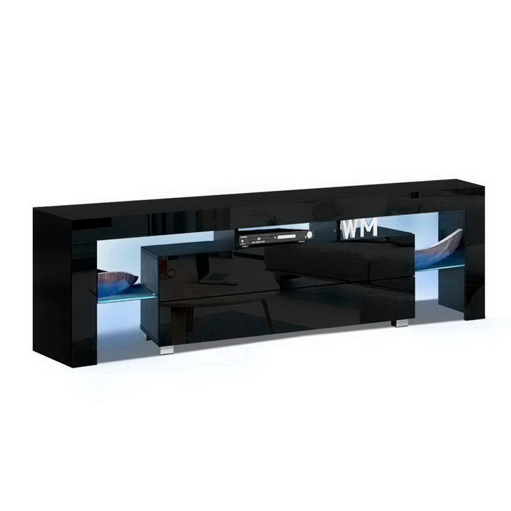 Elo Black LED TV Entertainment Unit – Tempered Glass Shelves, LED Lighting &amp; High Gloss Finish | 160cm - Greenora Living