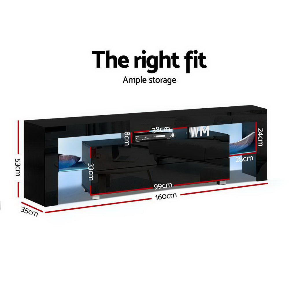 Elo Black LED TV Entertainment Unit – Tempered Glass Shelves, LED Lighting &amp; High Gloss Finish | 160cm - Greenora Living