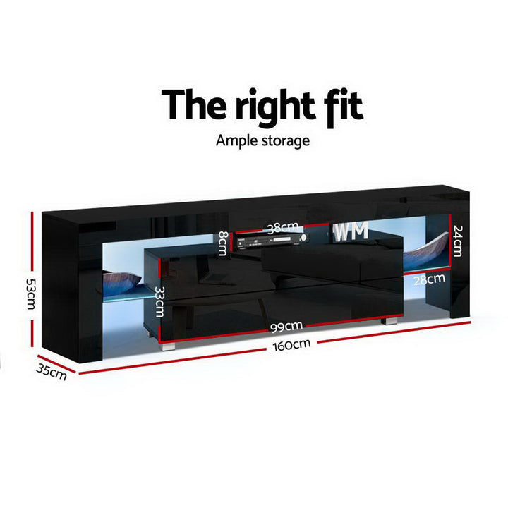 Elo Black LED TV Entertainment Unit – Tempered Glass Shelves, LED Lighting &amp; High Gloss Finish | 160cm - Greenora Living