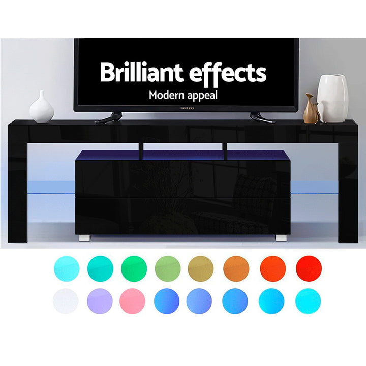 Elo Black LED TV Entertainment Unit – Tempered Glass Shelves, LED Lighting &amp; High Gloss Finish | 160cm - Greenora Living